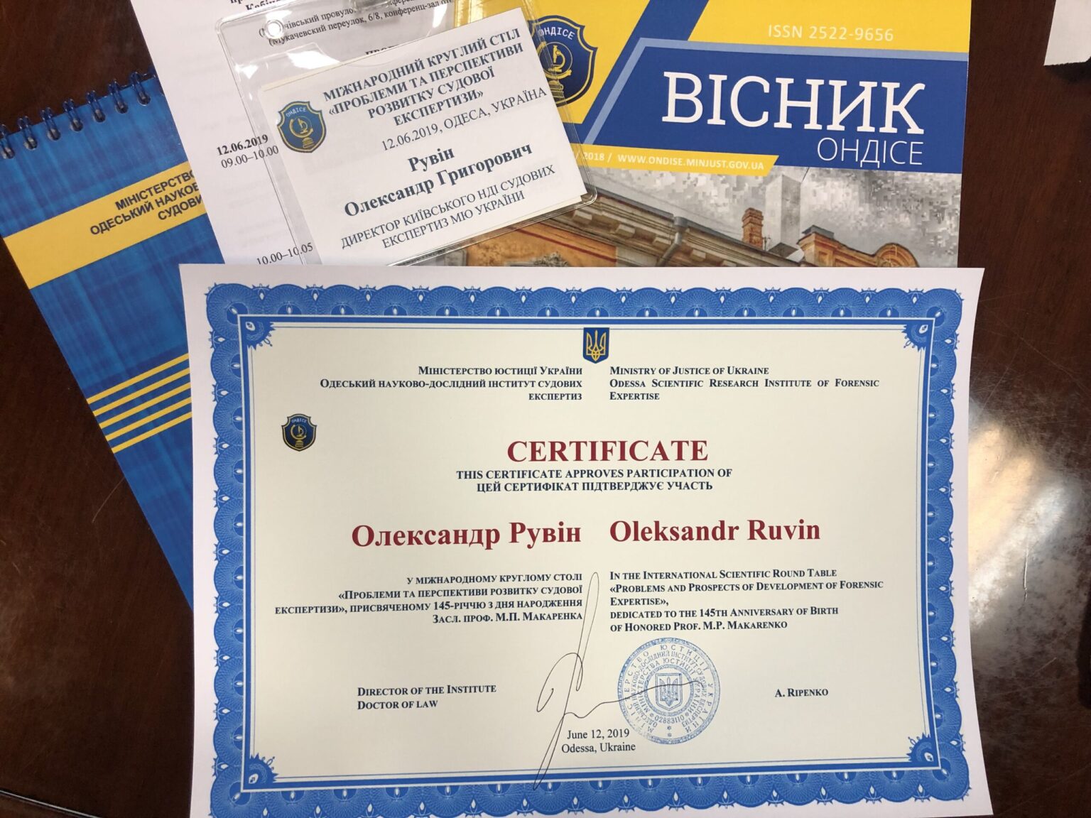 Сертифікат учасника, який було видано Олександру Рувіну, директору КНДІСЕ